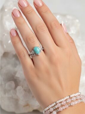 Silver Plated Turquoise Oval Nature Inspired Ring - Women Jewelry. New.